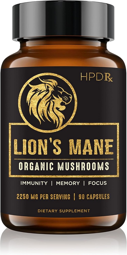 HPD Rx Lion의 Mane 버섯 추출물 캡슐 자연적인 Nootropic의 지원 기억 & 초점, Immunity 승압기 - 유력한 버섯 보충교재 | 2250 mg, 90의 캡슐, 1의 팩