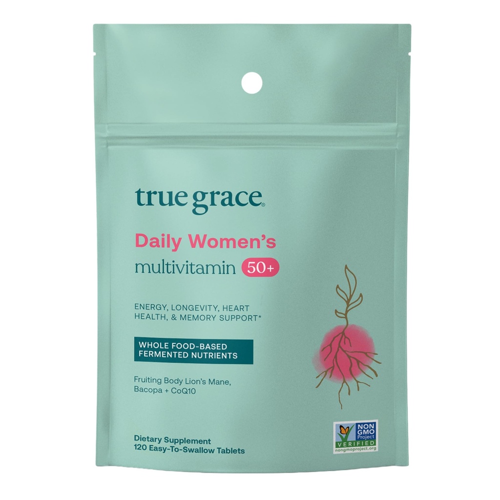 True Grace Daily Women 's Multivitamin 50 + - 120 간편한 태블릿 - 면역, 에너지, 장수 및 메모리 지원 - Vegan - 글루텐, Soy & Iron Free - 60 서빙