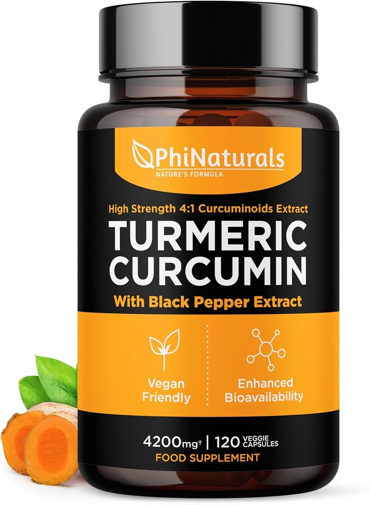 PhiNaturals Turmeric Curcumin 검은 후추 추출물과 보충 - 4200 mg 전체 Curcuma Root Equivalent per 3 캡슐 서빙 - 종양 알약