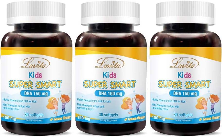 Lovita 아이 최고 똑똑한 DHA, 150mg DHA 및 Omega 3 지방산의 30mg EPA, 지원 뇌 건강, 자연적인 레몬 풍미, 30 Chewable Softgels (3의 포장)