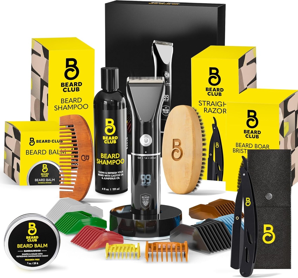 Beard Club Men's Grooming Kit with Professional Cordless 전기 충전식 헤어 & 콧수염/바드 트리머, 스트레이트 에지 면도기, 샴푸, 발, 브러시 및 빗 선물 세트
