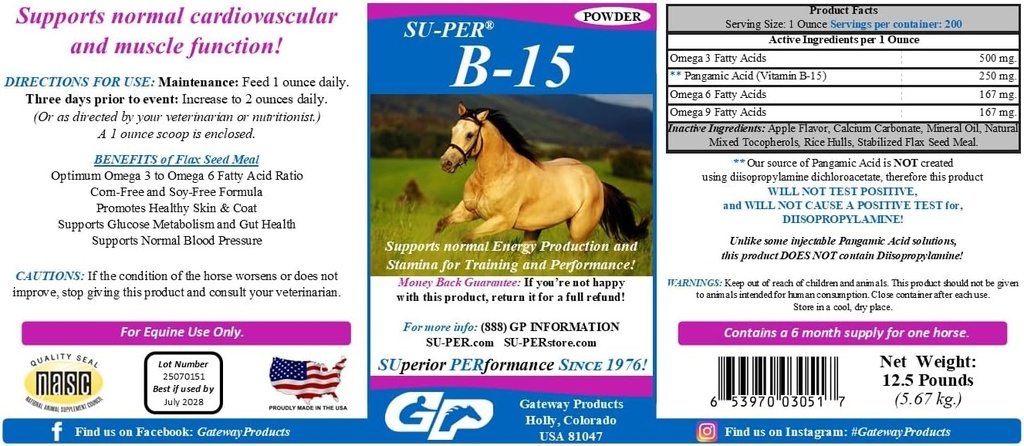 SU-PER B-15 비타민 보충 - 성능 지원을위한 Equine 비타민 B-15 분말 - 12.5 파운드, 6 개월 공급