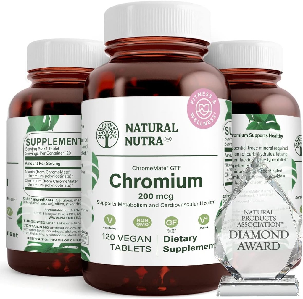 ChromeMate를 가진 자연적인 Nutra GTF Chromium Polynicotinate, 지원 몸 Metabolism, 지원 심장 건강은, 몸 지방 수준을, 개량합니다 소화, 심장 혈관 건강, 200 mcg, 120 Vegan 정제를 유지합니다