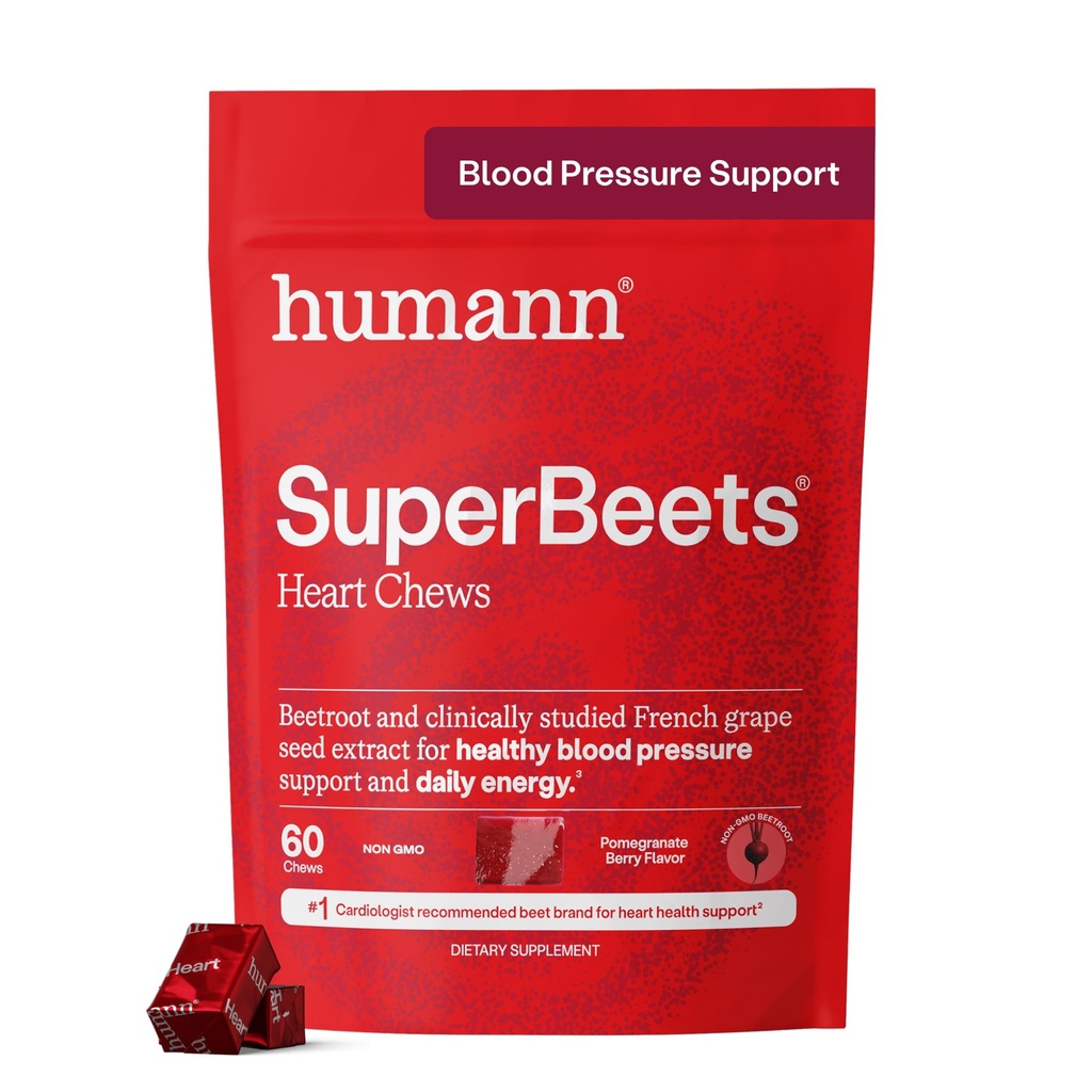 인간적인 SuperBeets 심장 Chews, 사탕 뿌리 분말 지원 에너지 보충교재, 니트로 산화물 및 혈압 지원, 포도씨 추출물 & 비 GMO, 심장 건강, 석류 베리 풍미, 60 조사