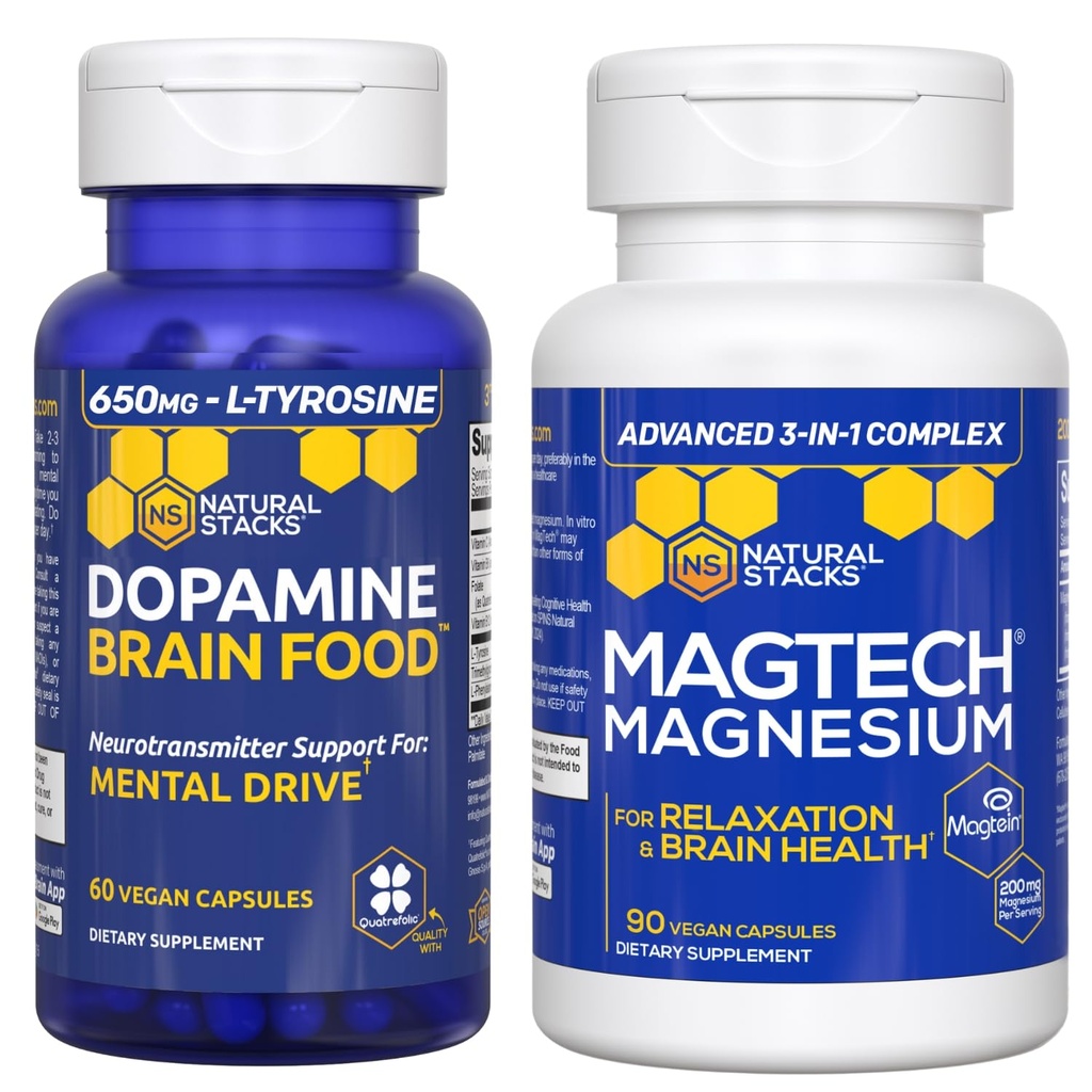 NATURAL STACKS Dopamine 뇌 음식 + Magtech 마그네슘 번들 - 킬레이트 마그네슘 복합 단지 - 지원 뇌 건강 & 정신 드라이브 * - 150 총 캡슐