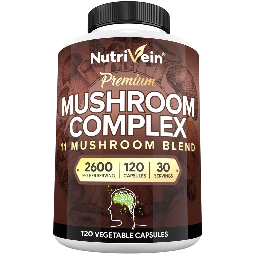 Nutrivein 프리미엄 버섯 보충 2600 mg- 병 120 캡슐- 11 Nootropic 버섯 복합체 - 사자 Mane, Cordyceps, Chaga, Reishi, 터키 꼬리, Mitake, Shiitake, Agaricus, 화이트 버튼, Oyster
