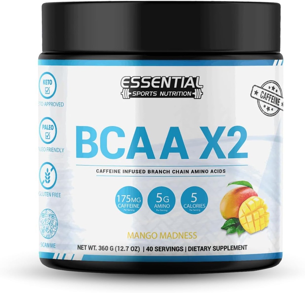 175mg 카페인 BCAA | 40 인분 | 케토 승인, 비 GMO, 글루텐 무료 보충 | 복숭아 망고 맛