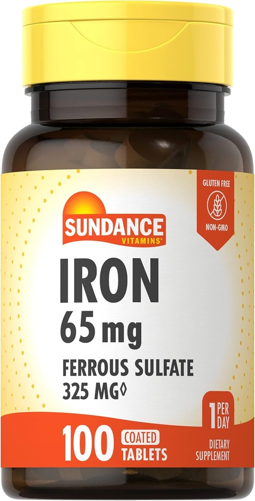 Sundance Iron Supplement Ferrous Sulfate 325mg | 100 정제 | 채식주의, 비 GMO, 글루텐 무료