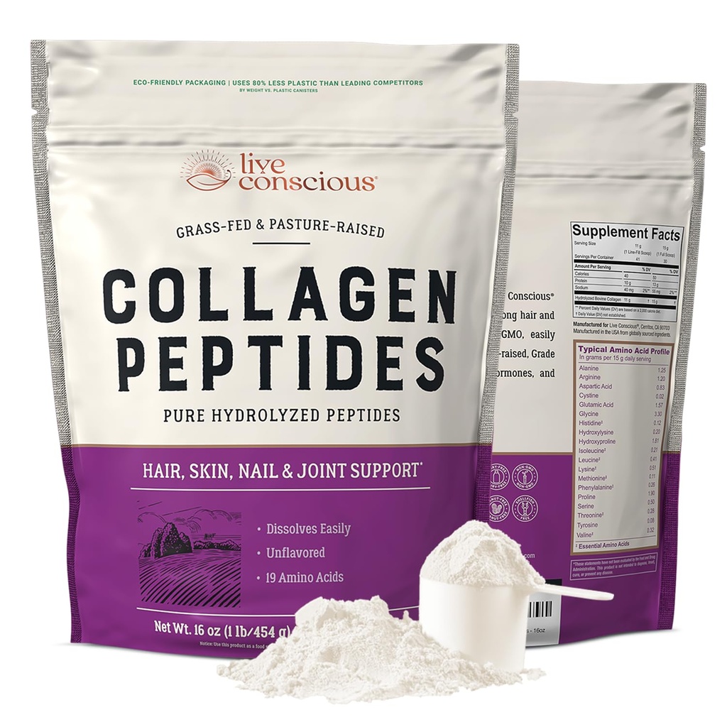 라이브 의식 콜라겐 펩타이드 분말 - Naturally-Sourced Hydrolyzed Collagen Powder - Hair, Skin, Nail, Joint Support - 유형 I & III Grass-Fed Collagen 보충제 여성 및 남성 - 16oz