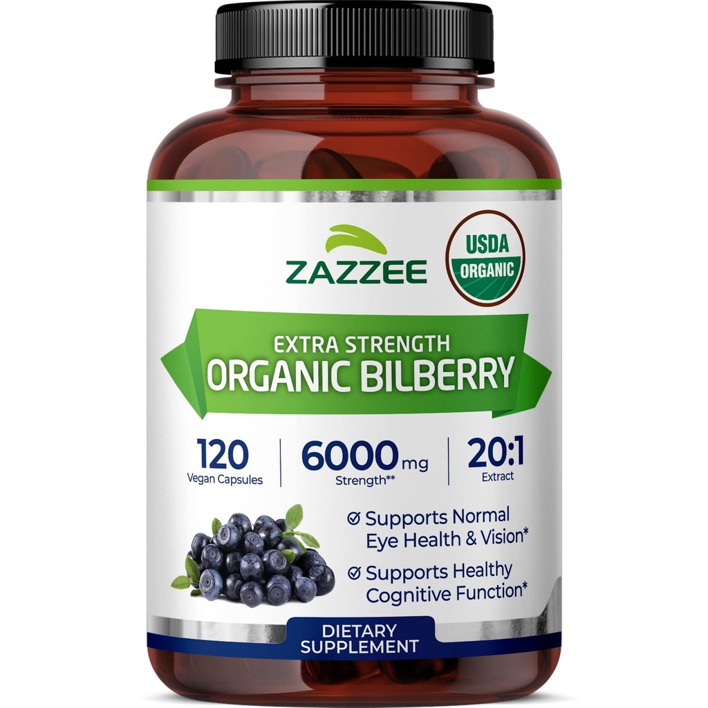 Zazzee USDA 유기 Bilberry 20:1 추출물, 6000 mg 힘, 120 Vegan 캡슐, 4 달 공급, 표준화되고 집중된 20X 추출물, 100% 채식주의자, 미국에서 만드는 모든 자연, 비 GMO
