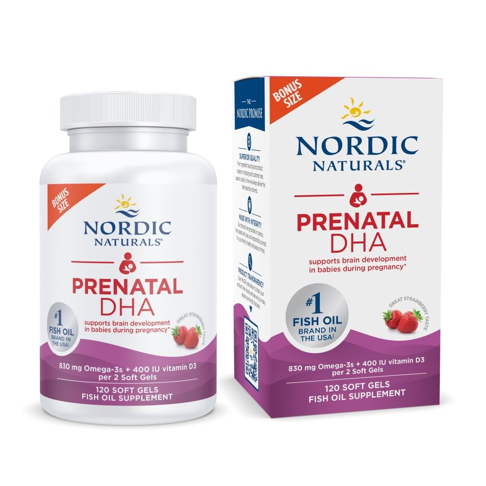 Nordic Naturals Prenatal DHA, Strawberry - 120 소프트 젤 - 830 mg 오메가-3 + 400 IU 비타민 D3 - 임신 중 아기의 뇌 발달 지원 - 비 GMO - 60 서빙
