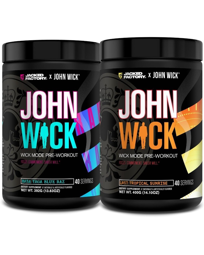 Jacked Factory X John Wick - Wick Mode Pre Workout Powder - 강렬한 에너지, 전투-Ready Focus, Unstoppable Commitment 및 Sheer Will - Baba Yaga Blue Raz & Last Tropical Sunrise