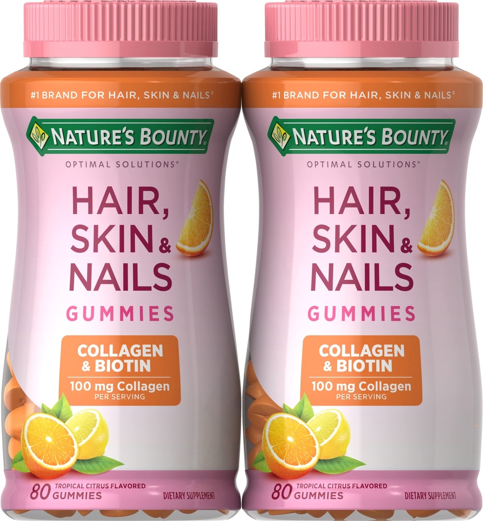 Nature 's Bounty Biotin 및 Collagen, Citrus-Flavored Gummies, 80 Ct (2 팩)