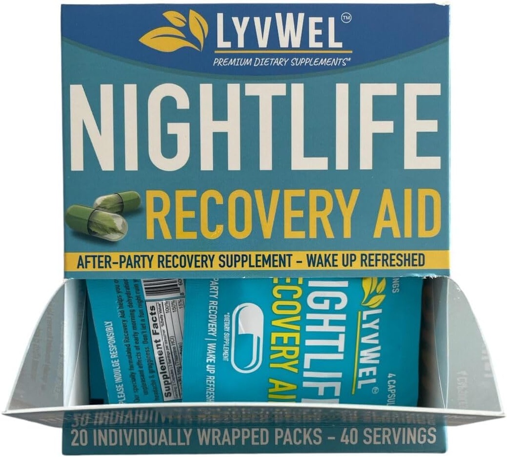 LyvWel Nightlife 회복 판지 | 급속한 아침 회춘, 간접 지원 | DHM, Electrolytes, B 비타민 - 20 팩, 40 서빙