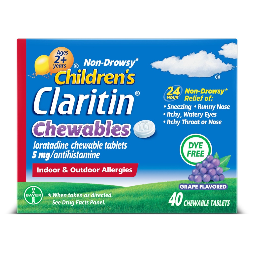 Claritin Children's Allergy Medicine, 24-Hour Non-Drowsy Loratadine 5mg Chewable Tablet, Antihistamine for Kids Ages 2 년 및 이전, 포도 맛, 40 정제