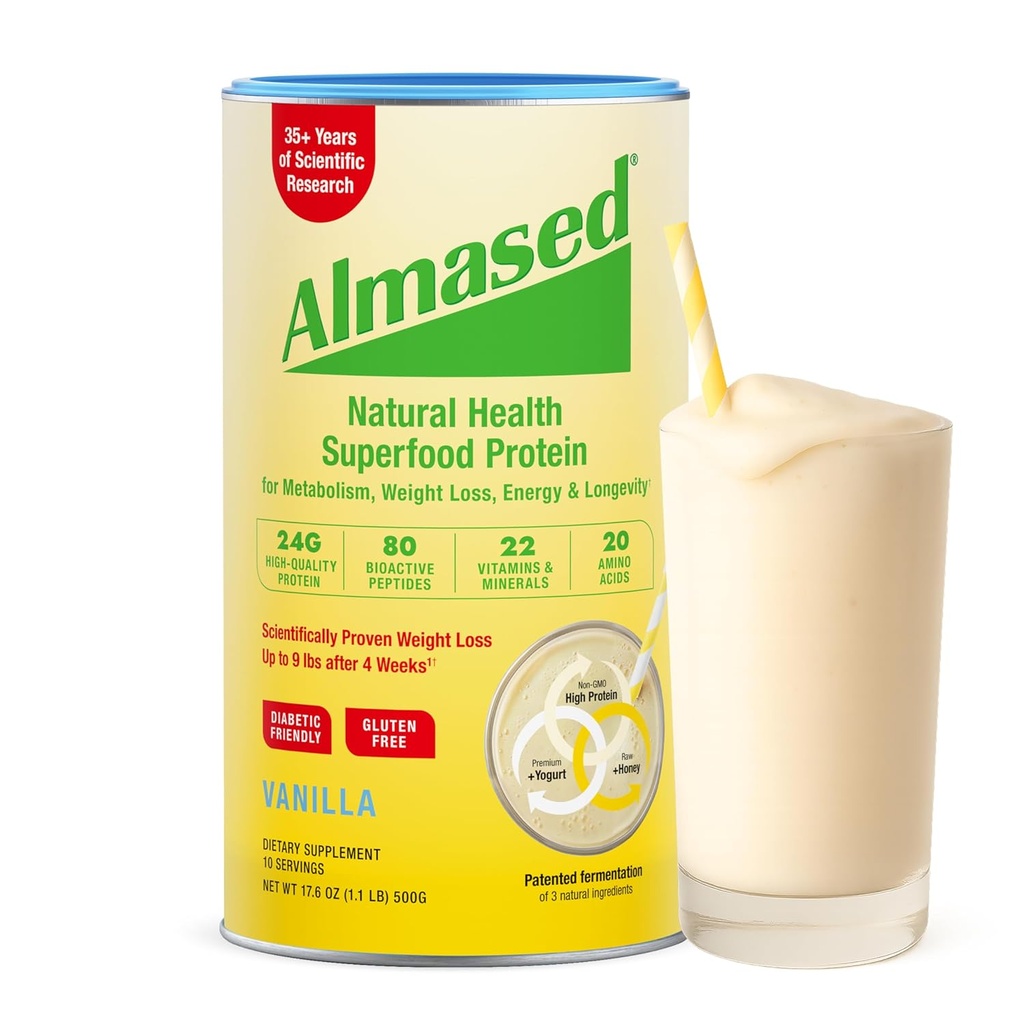Almased 바닐라 식사 보충 Shake - 낮은 글리세라이드 높은 식물 기본적인 단백질 분말 영양 무게 건강 지원 보충교재 - 바닐라 풍미 - 17.6 oz (1.1 파운드 (1 팩)