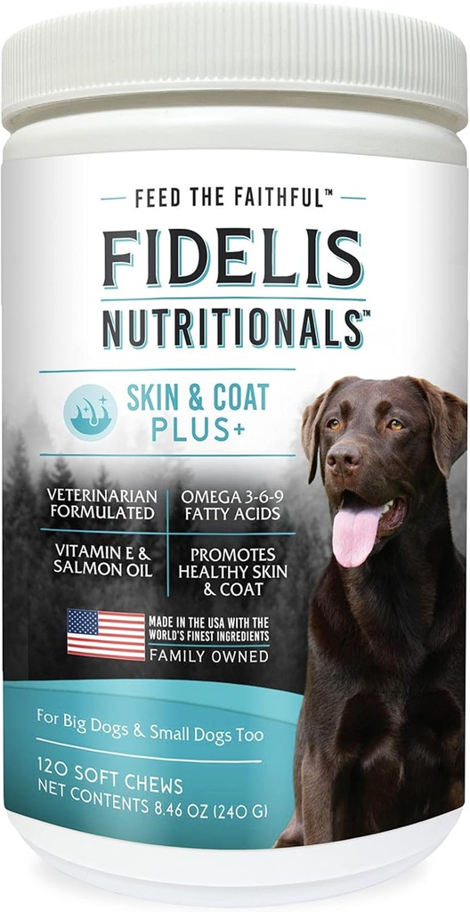 FIDELIS 피부 & 외투 Plus+ 개 피부 & 외투 보충교재, 오메가 3, 비타민 E의 개를 위한 연어 기름, 지방산, 건강한 피부, 빛나는 외투, 성숙한, 미국, 야채 풍미, 120 연약한 가슴에서 만드는 크고 & 작은