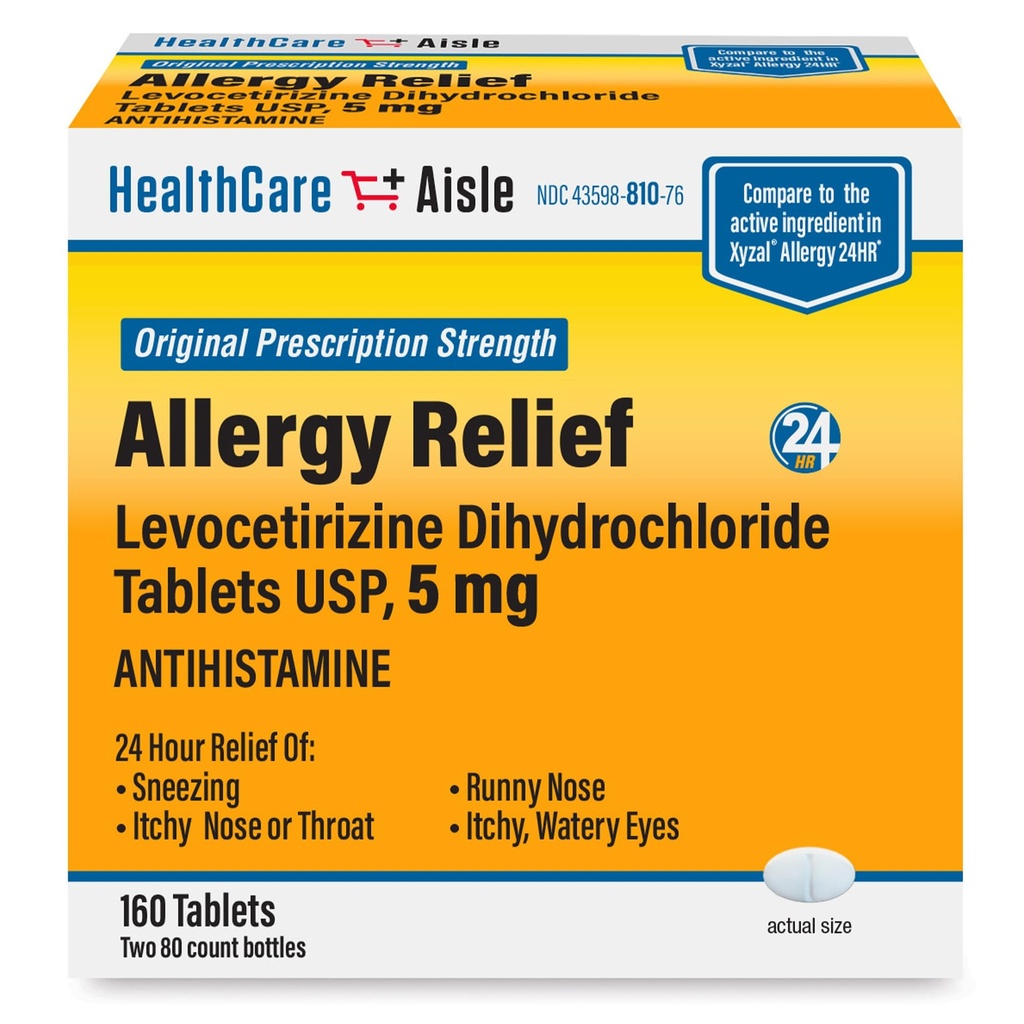 HealthCareAisle 알레르기 완화 - Levocetirizine Dihydrochloride 정제 USP, 5 mg, 160 정제, 본래 처방전 힘 알레르기 약물, 24 시간 기복, 80 조사 (2의 포장)