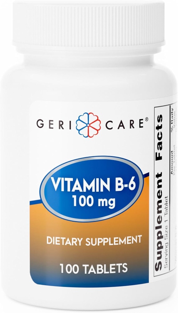 GeriCare 비타민 B-6 100mg, 100 정제 - 건강한 두뇌 기능을 위한 매일 영양 지원, 계류 건강 및 대사 - Combat 피로 및 전반적인 웰빙을 승진시키는 도움