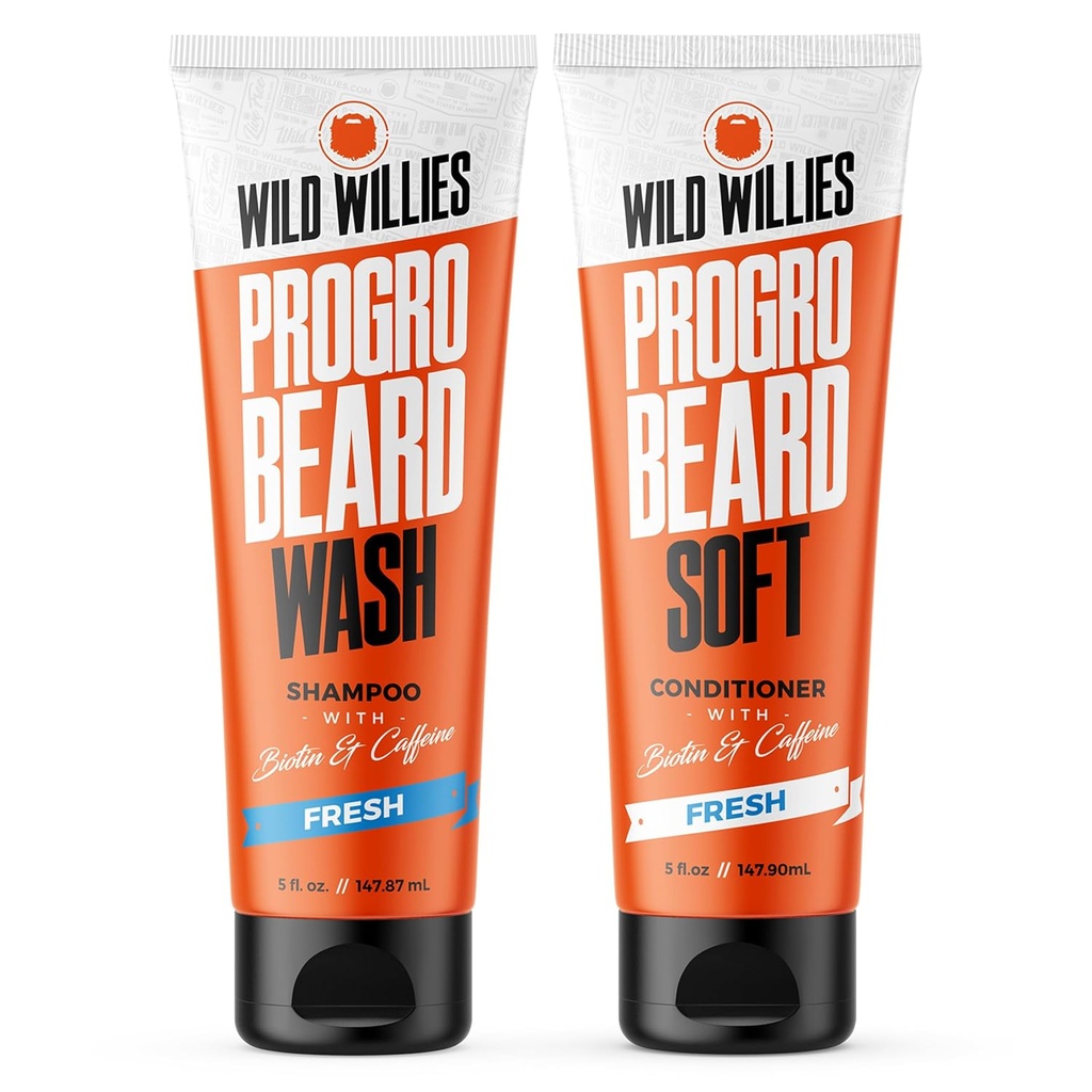Wild Willies PROGRO Beard 샴푸 및 컨디셔너 키트 - Fortified w/Caffeine & Biotin - 강화, Flake-Free, 남성용 모이스처링 씻기 및 컨디셔너, 2 x 5oz 튜브