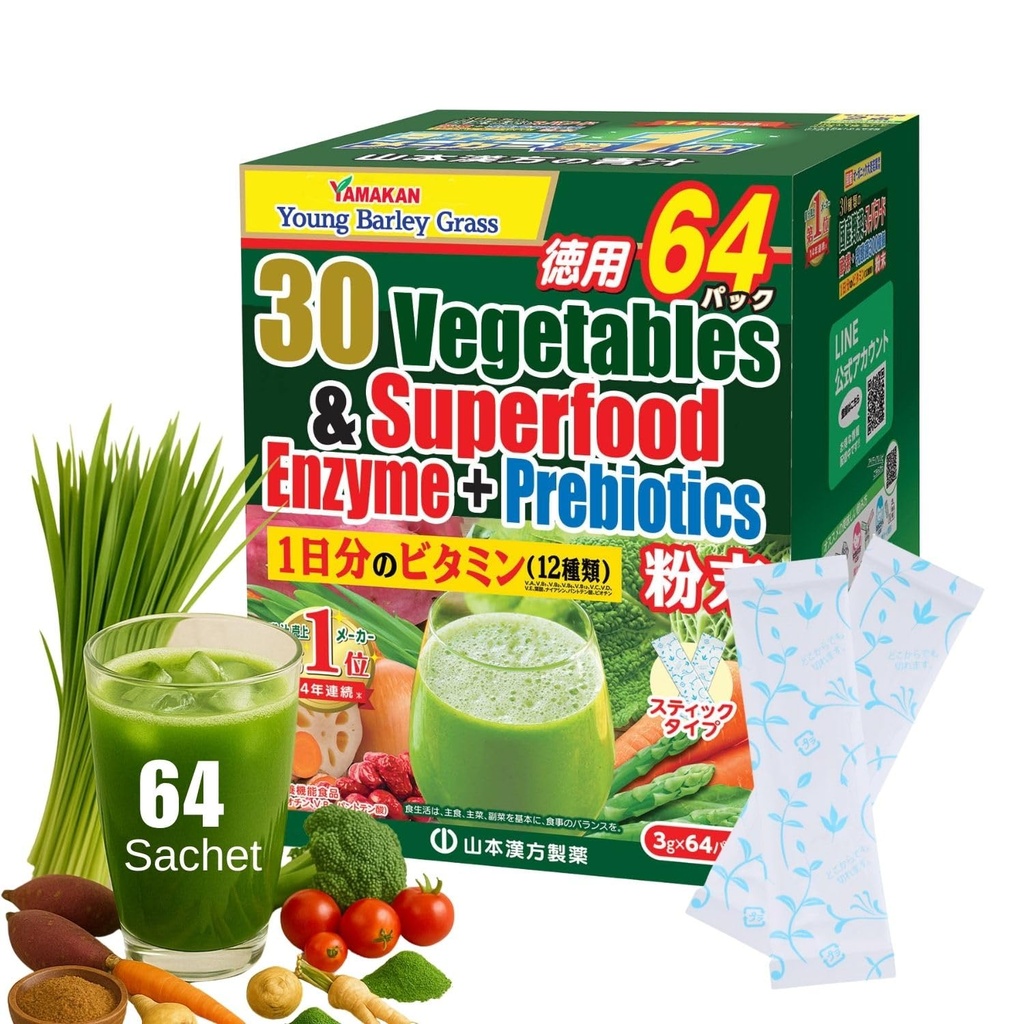 Yamamoto Kanpoh YAMAKAN Greens Superfood Powder with prebiotic Fiber & Enzymes for Digestion, 30 Veggies & Young Barley Grass Juice Blend from Japan, 여성 및 남성, 64 Packets