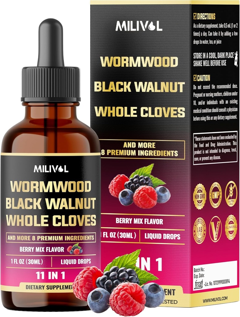 11in1 까만 호두 호두 호두나무 Tincture 추출물 전체적인 Cloves, Berberine 및 8 더 - 2 달 공급 - 1개 Fl Oz - Berry 혼합 풍미