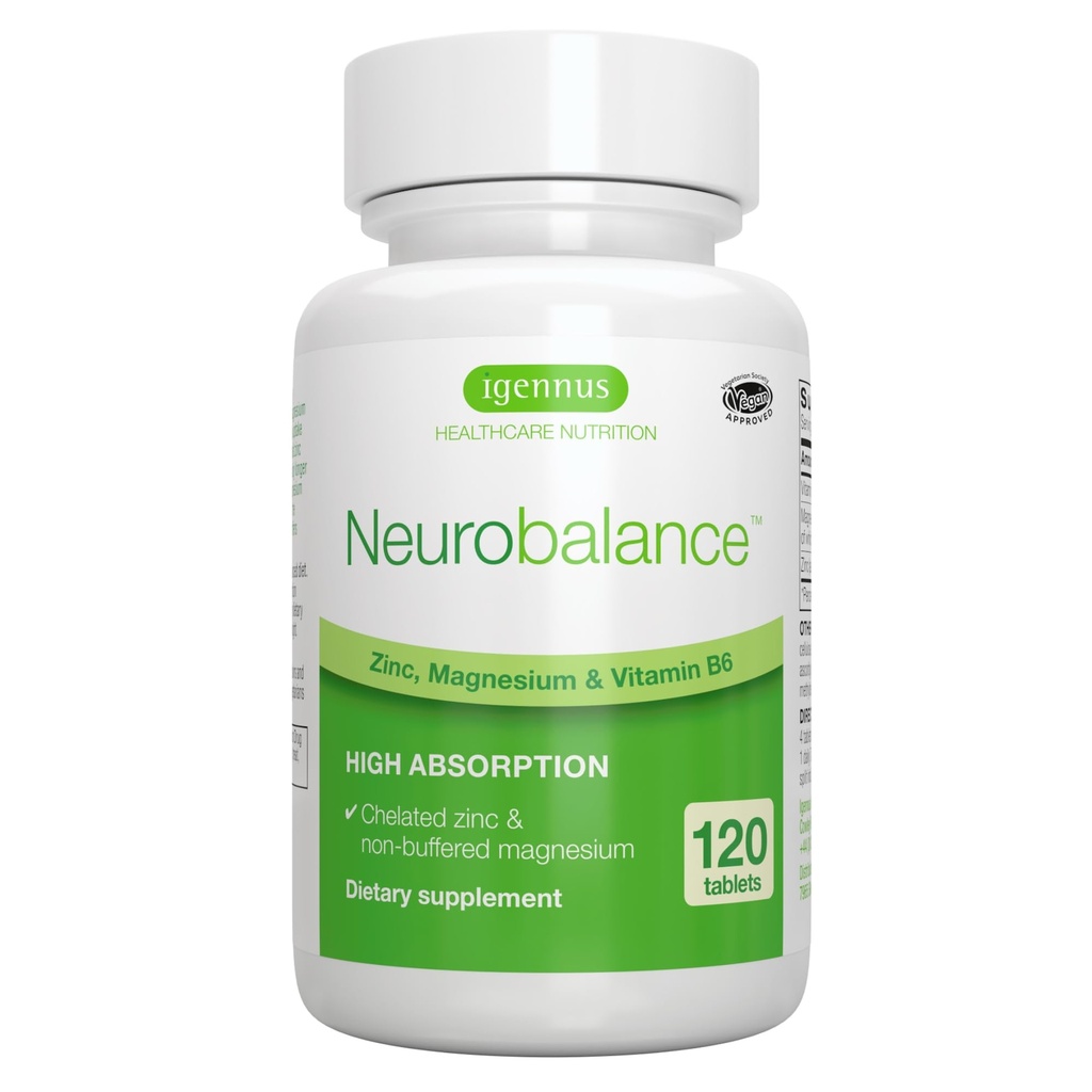 Igennus Neurobalance 아연 마그네슘 & B6 복합체 Cognitive Support, Calm Focus & Relaxation, 120 작은 정제, 높은 흡수 킬레이트 아연 및 완전 반응 마그네슘, Vegan, Non-GMO
