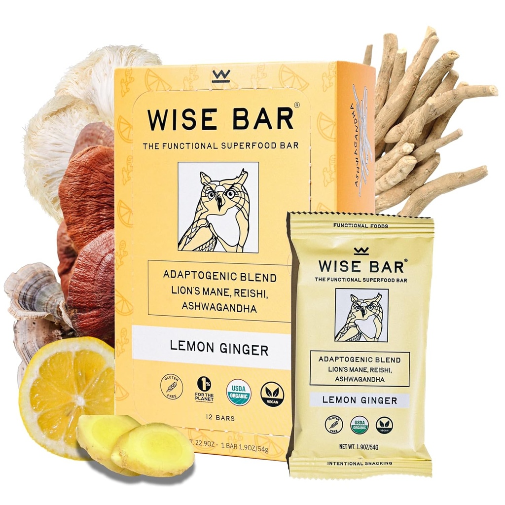 Reishi, Lions Mane & Ashwagandha, Organic Vegan & Gluten Free Snacks for Natural Focus, Energy & Immunity Support, Lemon Ginger flavor, 12 카운트에 대한 Wise Bar Adaptogen Mushroom Nutrition Bar