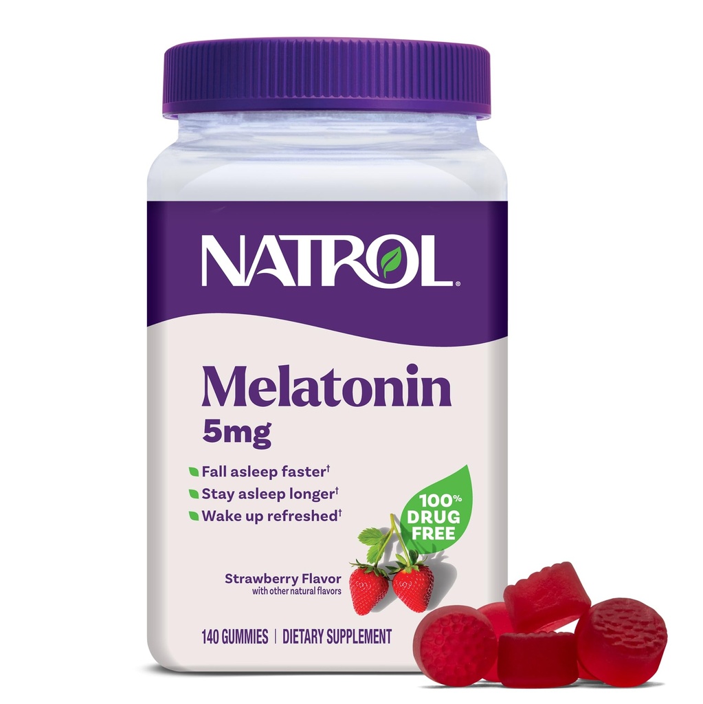Natrol 5mg Melatonin Gummies, 성인을위한 수면 지원, 수면 보조 식품, 140 Strawberry-Flavored Gummies, 70 일 공급