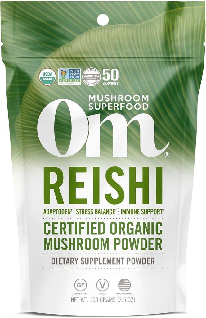OM MUSHROOM SUPERFOOD Reishi 유기 버섯 분말, 3.5 Ounce의 50의 서빙, Adaptogen, 긴장 & 면역 지원, Superfood 버섯 보충교재
