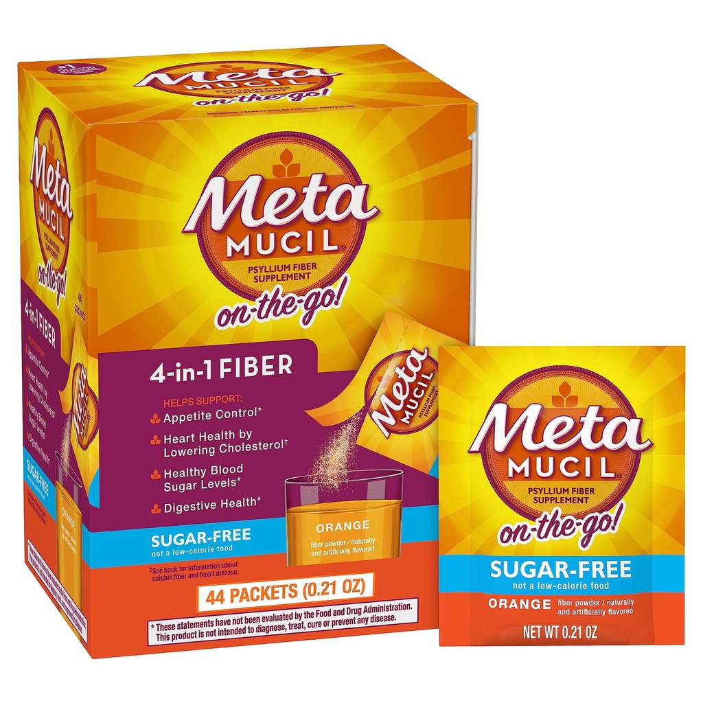 Metamucil On-the-Go Packets, Sugar-Free, 44 Packets, 4-in-1 Psyllium Husk 섬유 보충, 오렌지 맛, 여행에 대 한 개인 봉사, 소화 건강 및 일반에 대 한 섬유 보충