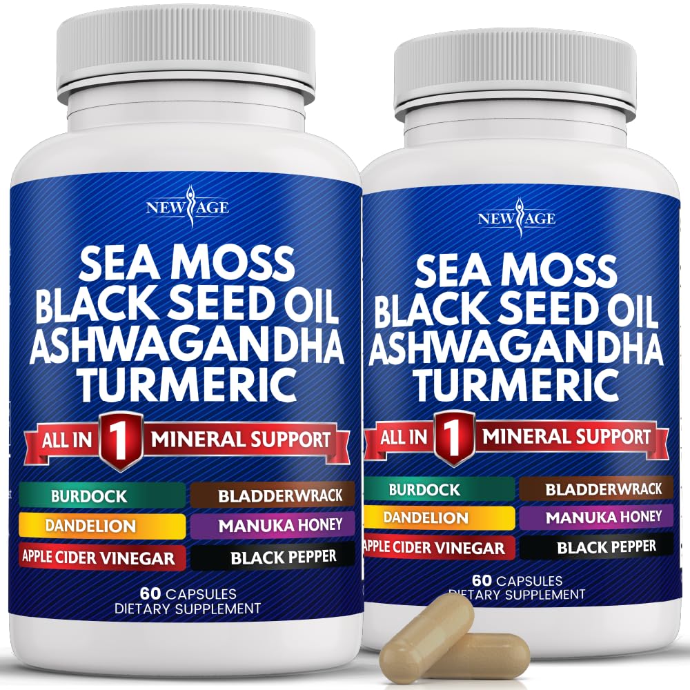 NEW AGE Sea Moss 캡슐 블랙 씨앗 오일 Ashwagandha Turmeric Bladderwrack Burdock - Manuka, 꿀 Dandelion, ACV 검은 후추 글루텐 무료