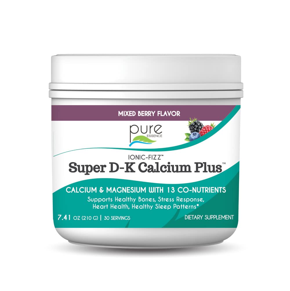 Ionic Fizz Super D-K 칼슘 Plus by Pure Essence - 추가 마그네슘, 비타민 D3, 강한 뼈와 스트레스 지원을위한 비타민 K2 - 혼합 Berry - 7.41oz