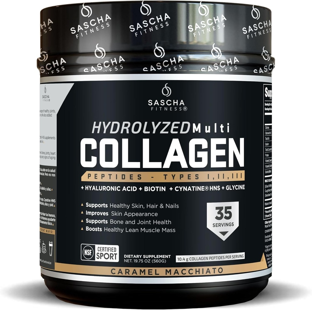 SASCHA FITNESS Hydrolyzed Multi Collagen Peptides Tipes 1,2 & 3|Hyaluronic Acid|Biotin |Cynatine HSN|Vitamin C & E | 모발, 피부 및 뼈 지원|Caramel Macchiato