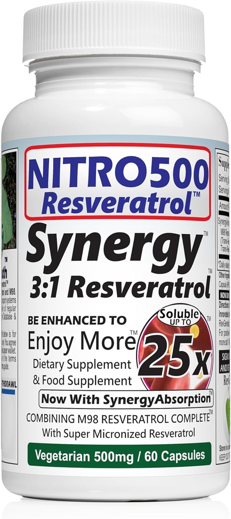 Nitro Synergy Resveratrol (Nitro500) 최대 25x 가용성 - 60 채식 캡슐 - 30 서빙 - 500 mg 당