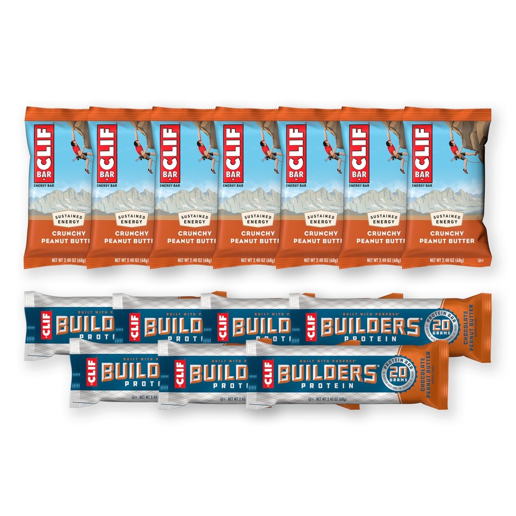 CLIF BAR 및 CLIF 빌더 - 다양한 팩 - 크런치 땅콩 버터 및 초콜릿 땅콩 버터 - 에너지 바 및 단백질 바 - Non-GMO - 식물 기반 - 2.4 oz. (14 개)