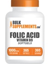 BulkSupplements.com Folic Acid Softgels - 비타민 B9, Folic Acid 1000 mcg, Folate 보충 - 글루텐 무료, 1 Softgel per 서빙 당, 365 개 (팩 1)