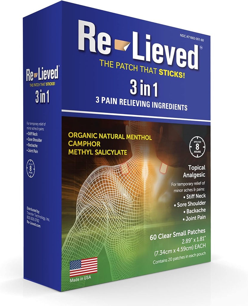 Re-lieved 3-in-1 Patch — 유기 자연적인 Menthol, Camphor 및 메틸 Salicylate — 우량한 끈으로 엮는 명확한 고통 헝겊 조각 — 알루미늄 자유로운, 물 저항하는 및 미국 만드는 — 60 조사