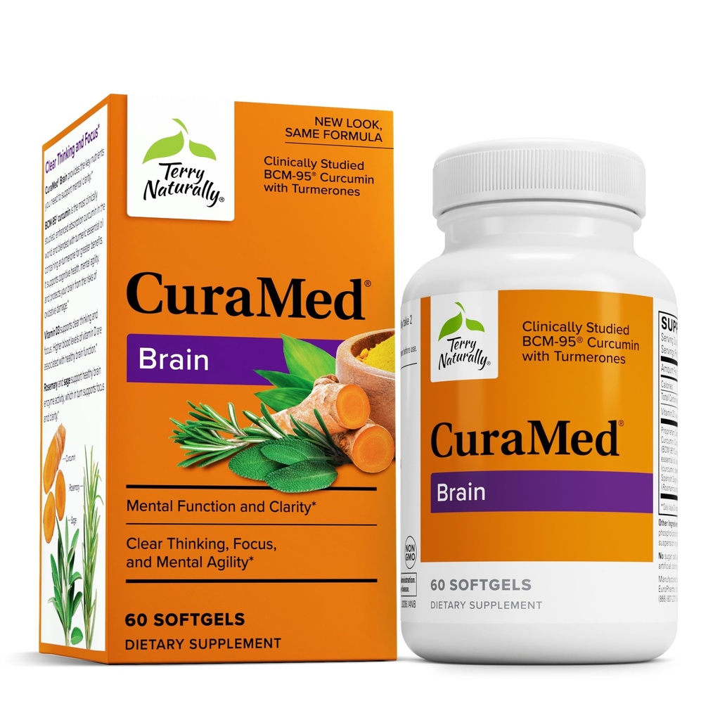 Terry Naturally CuraMed Brain - Clarity & Focus를 지원하는 다이어트 보충 - Curcumin & Turmeric Essential Oil을 사용하여 뇌 건강 보충 - 60 Softgels