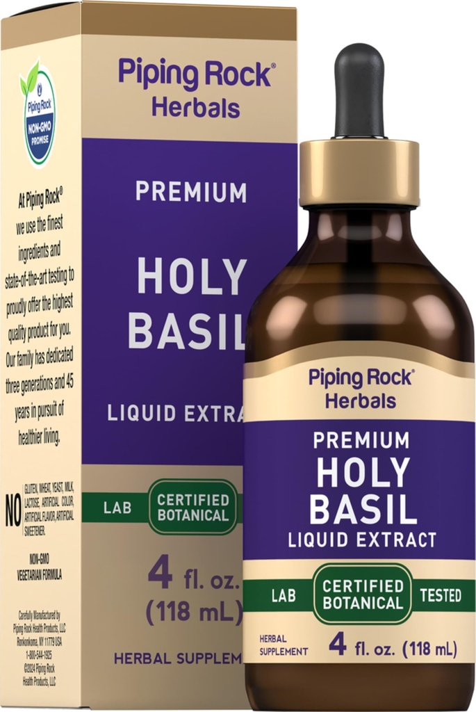 Piping Rock Holy Basil Liquid Extract | 4 Fl Oz | Tulsi Leaf Tincture | 채식주의, 비 GMO, 글루텐 무료 보충