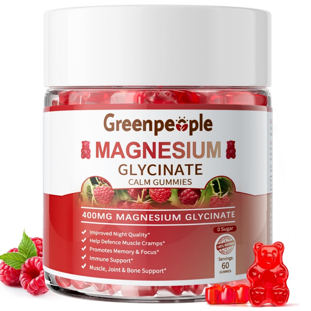 GREENPEOPLE 마그네슘 글리세린 Gummies 400mg - 마그네슘 말레이트, 비타민 D, B6 및 성인을위한 CoQ10을위한 설탕 무료 마그네슘 칼륨 보충 - 라즈베리 Gummies