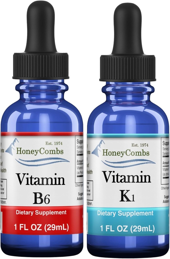 HoneyCombs 비타민 B6 및 K1 드롭 - Vegan 용 액체 Pyridoxine 및 비타민 K 추출물, 전반적인 건강을 지원, 비 GMO 비타민 액체 추출물, 각 1 fl oz