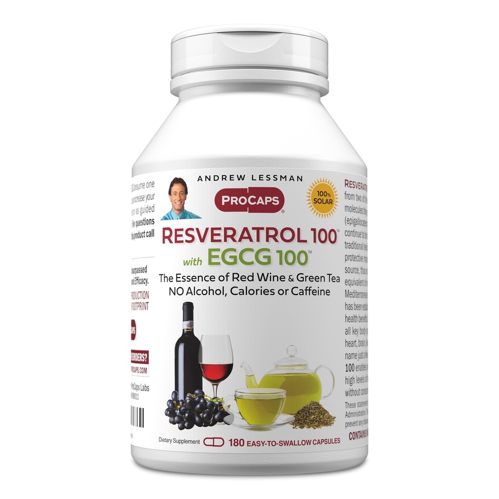 ANDREW LESSMAN Resveratrol-100 EGCG 100mg - 180 캡슐 - 알코올 또는 카페인이없는 2 개의 천연 Occurring 산화 방지제.