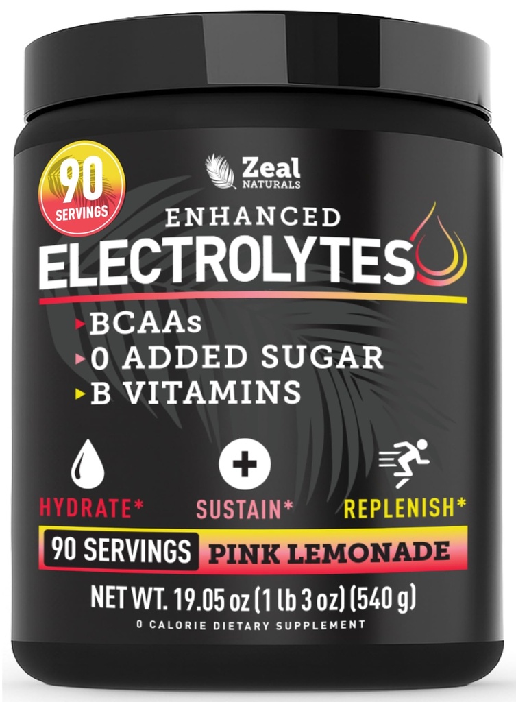 Zeal Naturals Electrolyte Powder Recovery 음료 (90 인분 | 핑크 레몬 이드) w 0 Sugar +BCAAs +B-Vitamins Electrolyte Supplement w 칼륨 아연 및 마그네슘 하이드로 션 - Keto Electrolytes