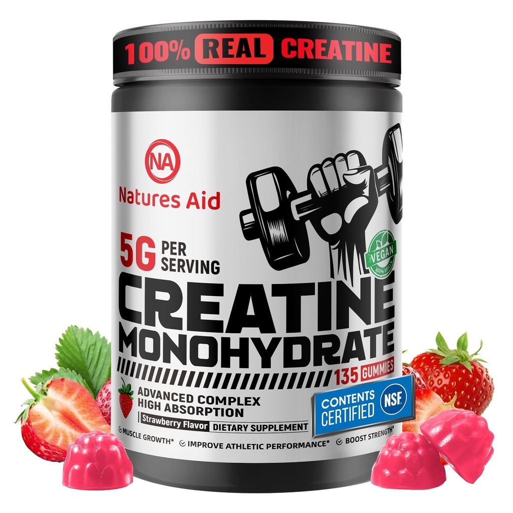 Nature Aid Creatine Monohydrate Gummies (5g) - 남성 및 여성을위한 사전 운동 에너지 및 근육 성장 지원 | Strawberry Electrolyte Gummies (135 개)