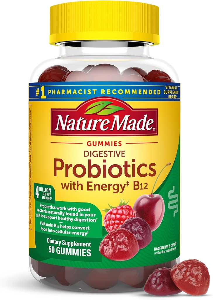 Nature Made Digestive Probiotics and Energy B12 Gummies, 여성 및 남성, 50 Probiotic Gummies, 25 일 공급을위한 Probiotics