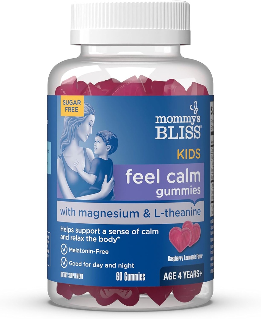 Mommy's Bliss Kids Feel Calm Gummies, Calm의 센스를 지원하며 Magnesium, L-theanine, Sugar Free Raspberry Lemonade 풍미, 나이 4 + 60 Gummies로 만든 바디를 편안하게하십시오.