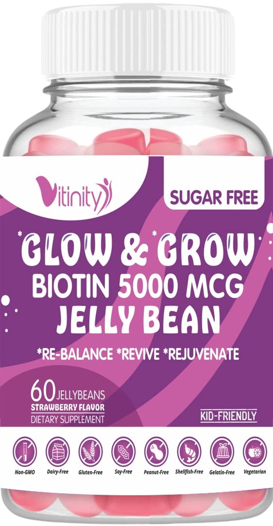 VITINITY Biotin 5000 Mcg Extra Strength 채식 (비타민 B) 설탕 무료 보충 지원 건강 및 피부 - 여성 및 남성 60 Veggie Sugar-Free 젤리 콩 (30 일 공급)