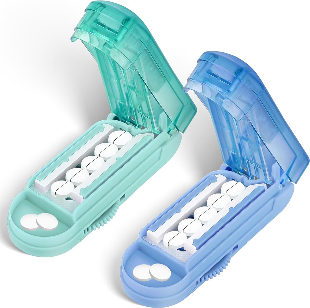 DUBSTAR 2PCS 알약 커터 스플리터 작은 및 작은 알약, 작은 또는 큰 알약에 대 한 다중 알약 커터, 조정 가능한 알약 스플리터 센터 장치와 블레이드 가드 (Blue+Cyan)