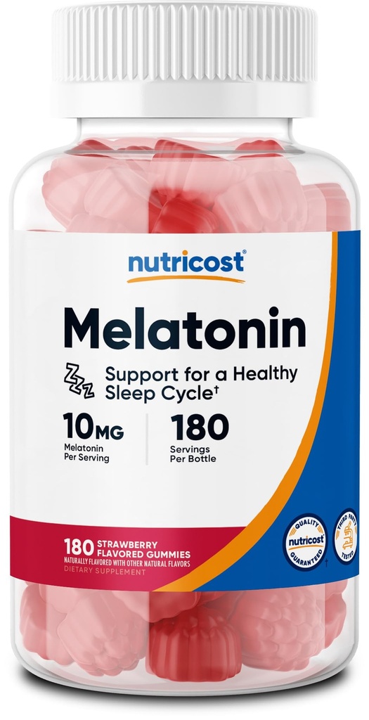 Nutricost Melatonin 10mg, 180 Gummies, 딸기 맛 - 글루텐 무료, 비 GMO, 옥수수 시럽 없음